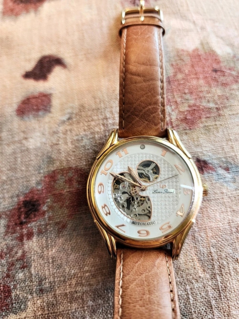 Lucien Piccard Automatic Skeleton Watch in Brown & Gold